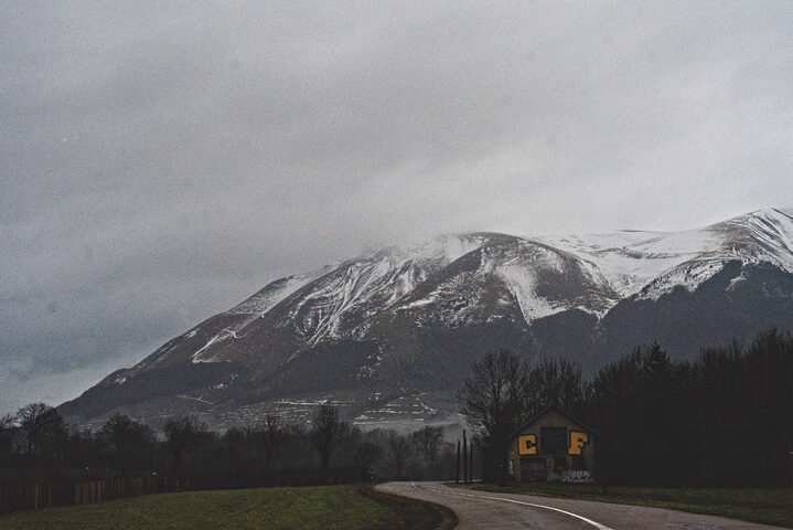 Partially snow mountains in the background of a leafless forest and a road.