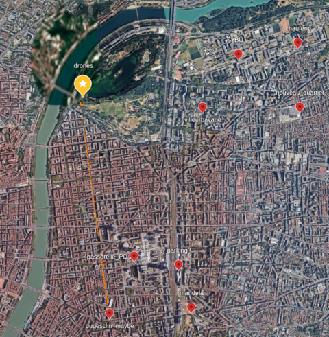 a map showing points around the city, and the position of the drones.