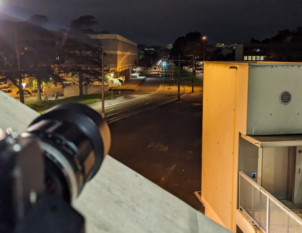 a camera pointed in the distance over some tramways' rails