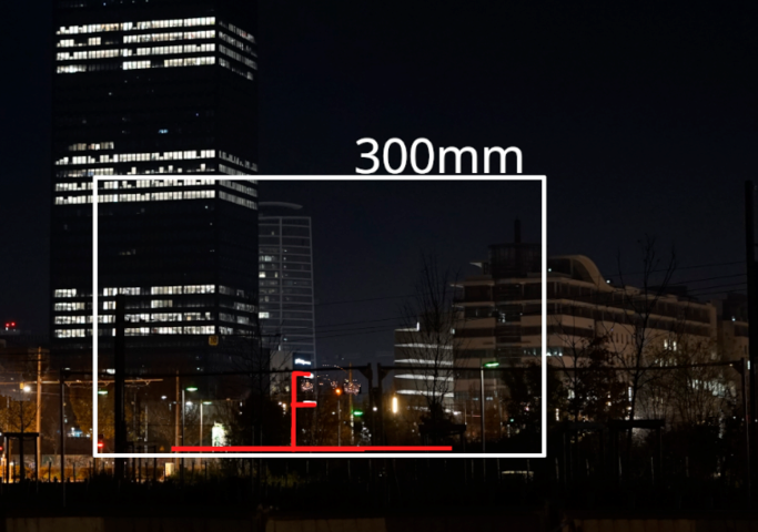 a photo showing a frame simulating a 300mm lens
