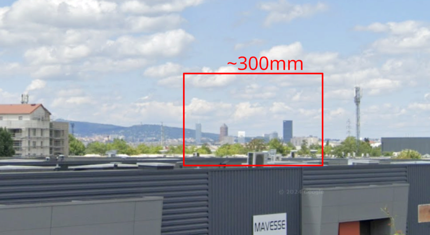 a frame superimposed on a google street view screenshot to simulate the view of a 300mm lens.