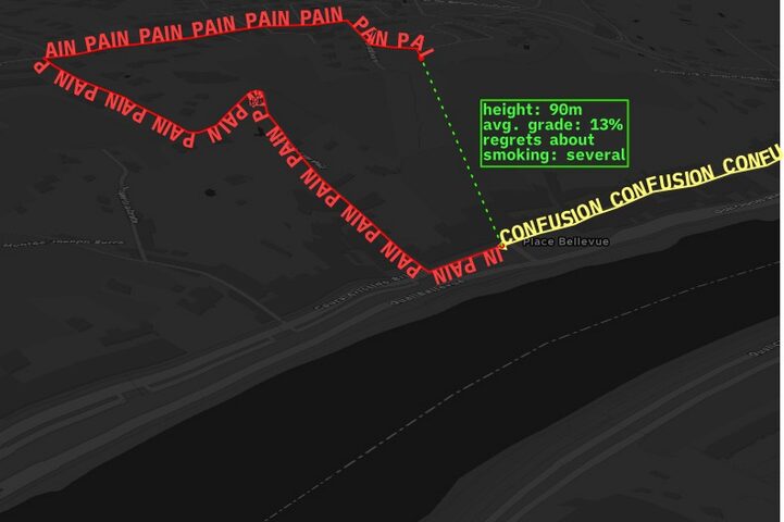 a map showing the slope, with "pain" written several times along it. text box reads: "height: 90m. Avg grade: 13%. Regrets about smoking: several."