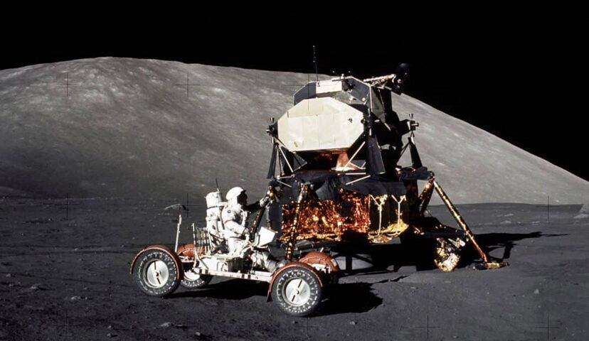 Lunar Rover Vehicle in front of Apollo 17 on the moon